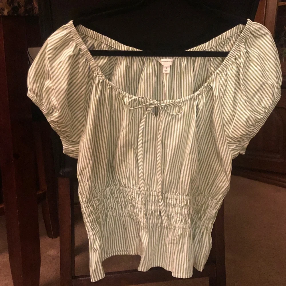 Banana Republic Green and White Striped Puff Sleeve Peasant Blouse